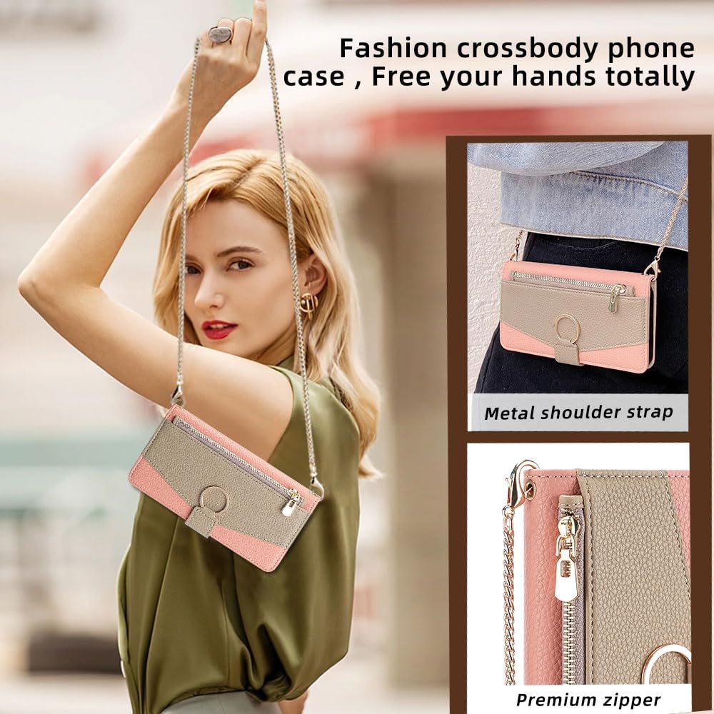 for Redmi Note 7/Note 7 Pro Wallet Case with Crossbody Strap, PU Leather Magnetic Flip Cover Card Holder Kickstand Mirror Shockproof Phone Case for Women Pink