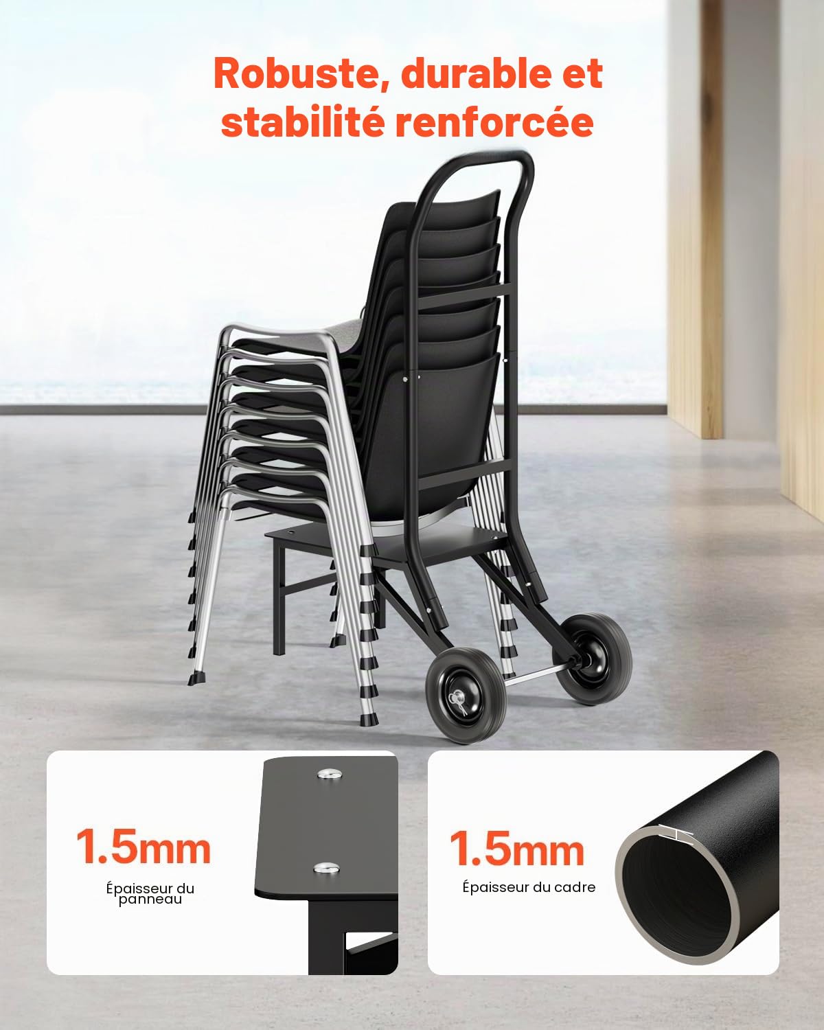 VEVOR Chariot de Chaise Pliante, Capacité de Charge 68 kg, Support Robuste pour Empiler 10 Chaises, Organiseur de Rangement Multifonction Métal à Pousser avec roulettes, pour Salle à Manger, Noir Mat