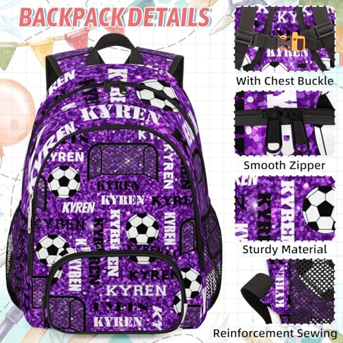 Custom Name Soccer Backpack for Women Men with Lunch Box, Personalized Sport Bag with Lunch Bag, Daypack for Travel Camping, Glitter Purple2