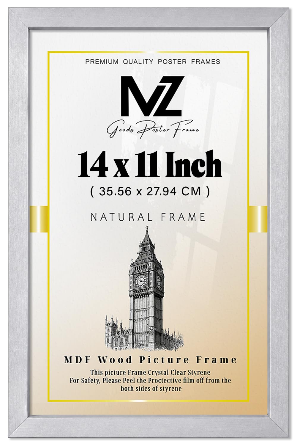 MZ GOODS | MDF Wall Gallery Frame (35.56 x 27.94 CM) Rectangle for Posters, Art Prints & Interiors, Stylish MDF Wood Finish, Secure Hanging Hooks for Display [ Silver ]