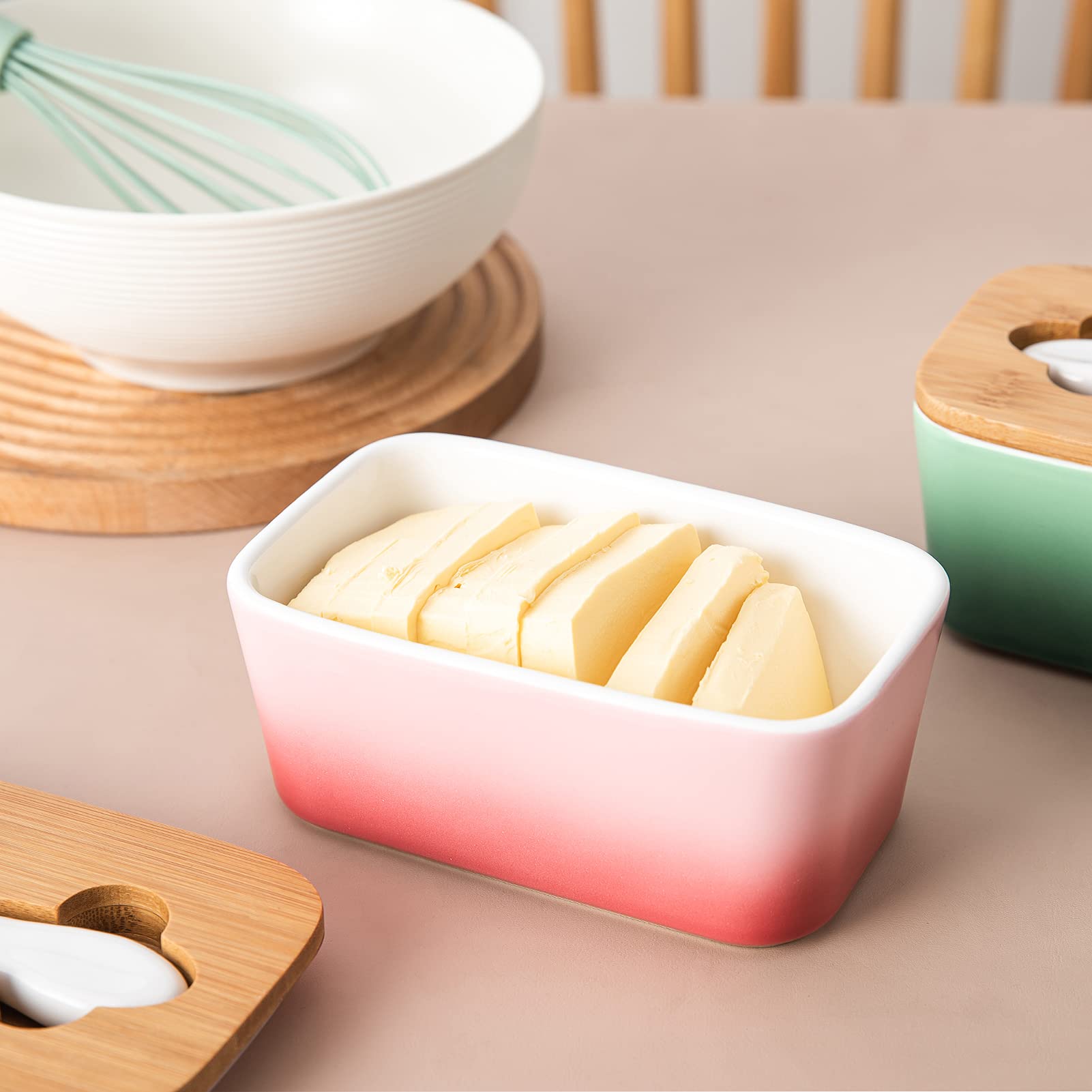 Burriera In Porcellana Con Coperchio Legno E Coltello - Contenitore Burro Per Frigo, Design Elegante - Foto 9