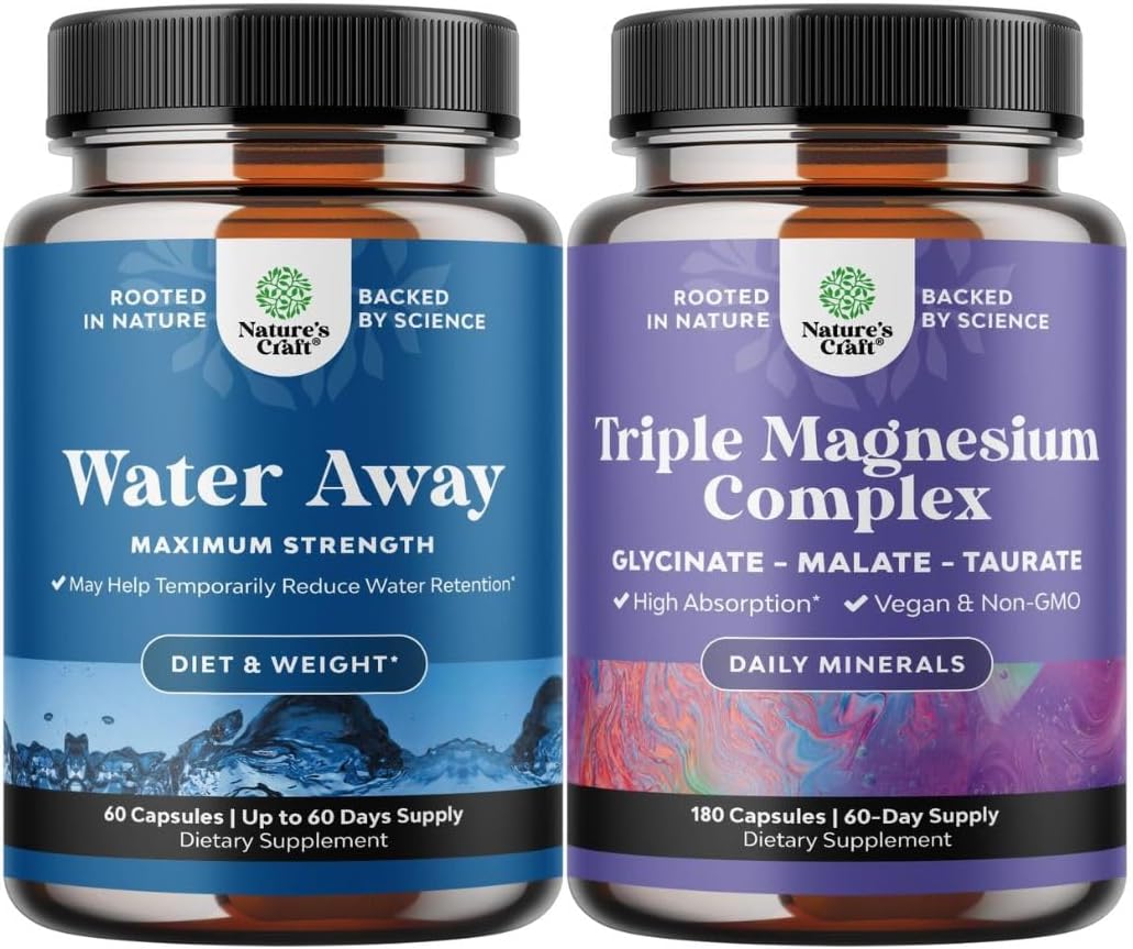 Bundle of Water Away Herbal Diuretic Pills High Strength - Fluid Retention Supplement with Dandelion Leaf Extract & Green Tea and Triple Magnesium Complex - Magnesium Glycinate, Malate & Taurate Blend