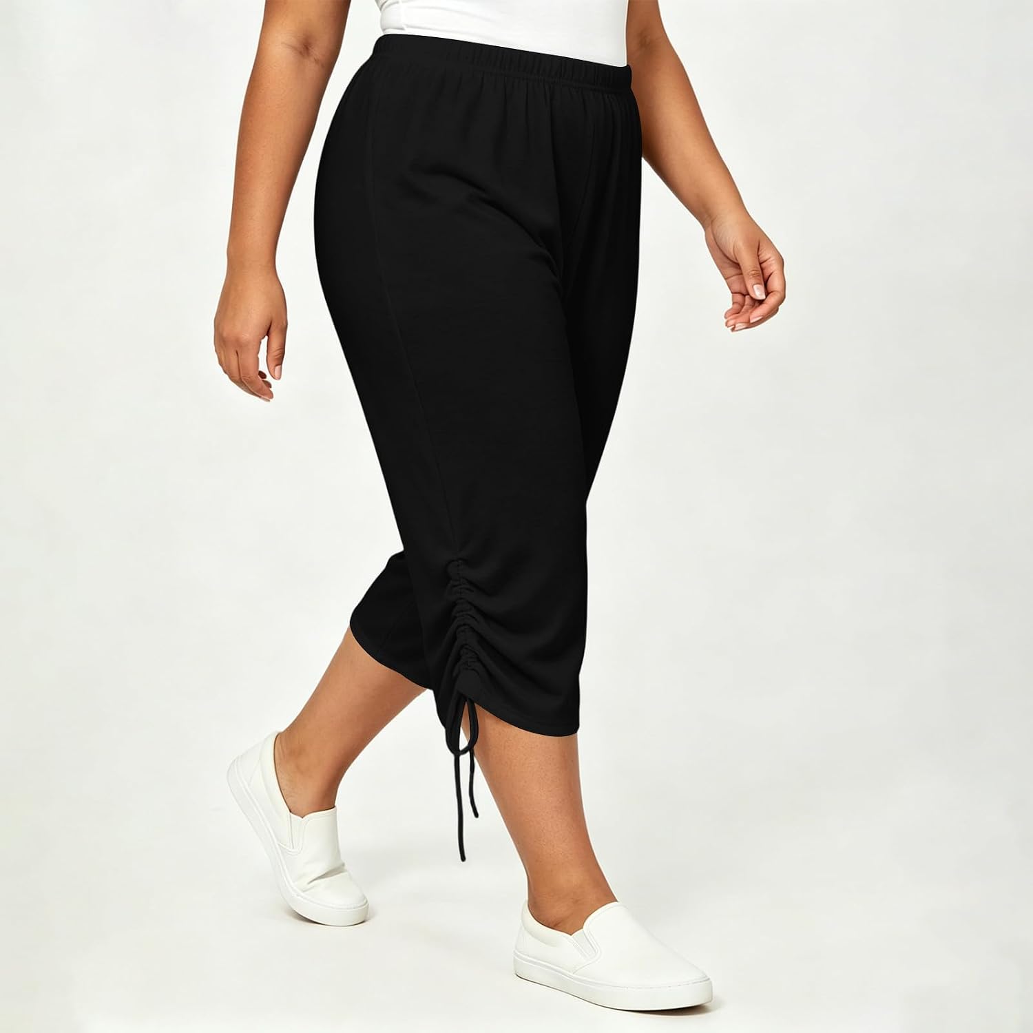 Women's Plus Size Capris Wide Leg Relaxed Casual Crop Pants Comfy Summer Side Tied Pant with Pockets Drawstring