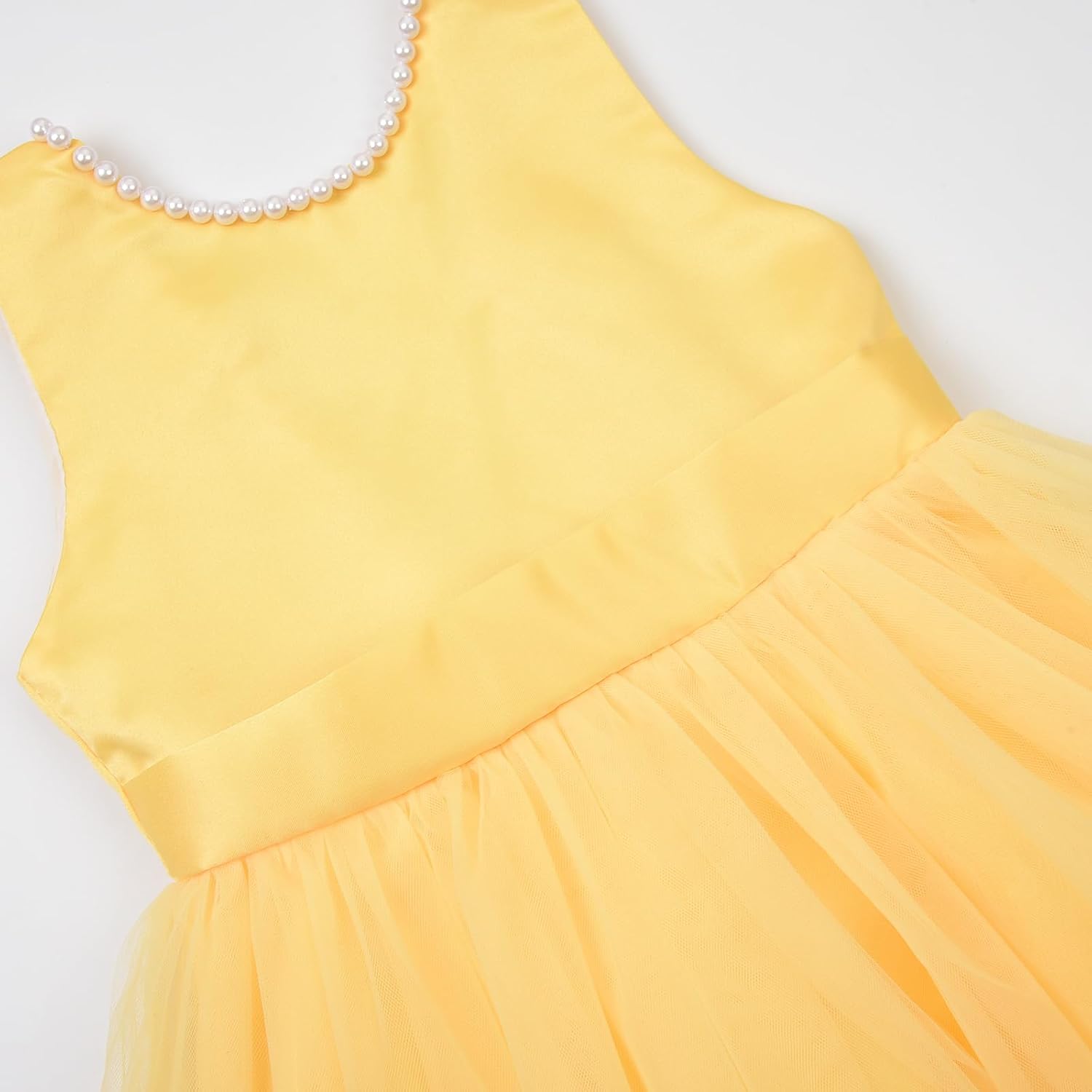 Uhnice Flower Girl Pearls Dress V-Back Tulle Ball Gown Satin Prom with Bow-Knot for Wedding Pageant Birthday Party
