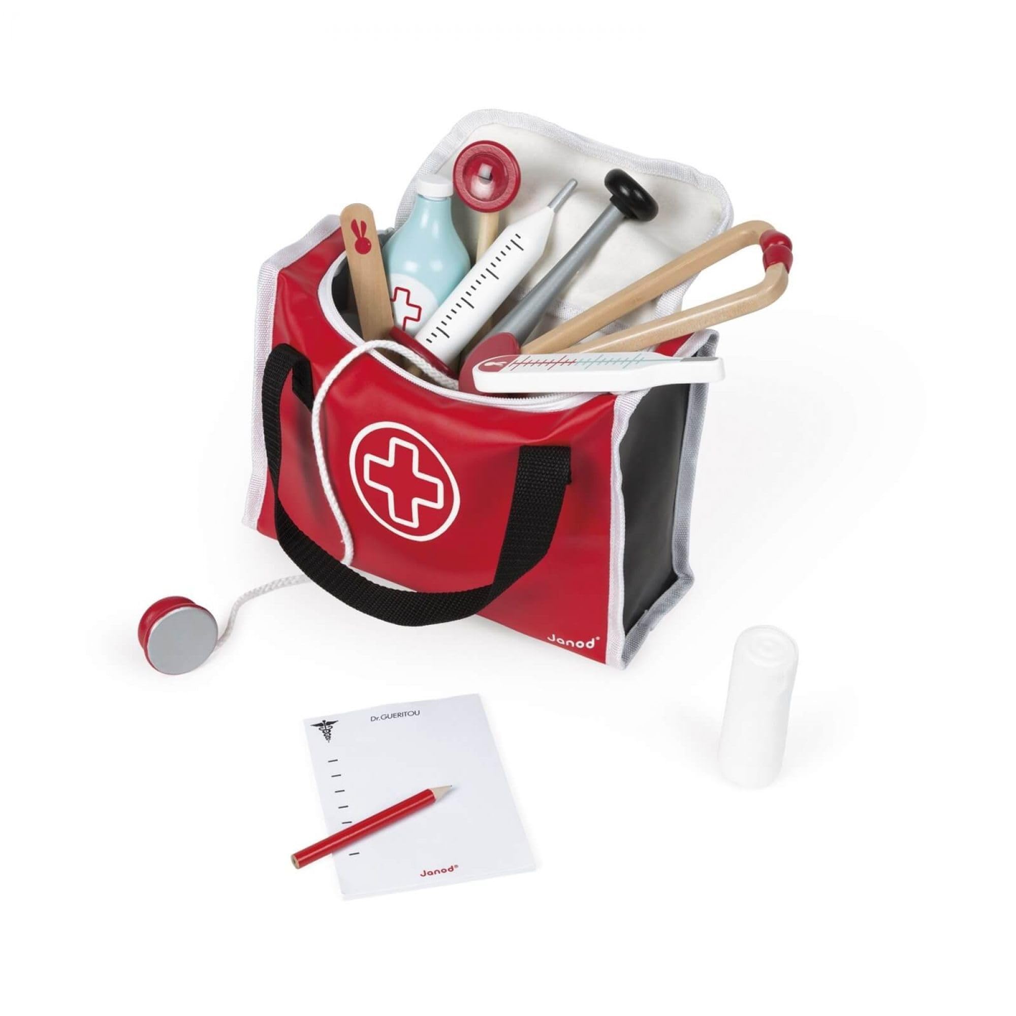Janod - Malette de Docteur Enfant - 10 Accessoires en Bois Massif Inclus - Jouet d'Imitation - Dès 3 Ans, J06513, Rouge