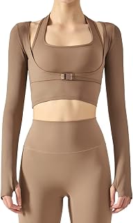SEAUR Women's 2 in 1 Long Sleeve Sports T-Shirt with Thumb Holes Halter Neck Slim Fit Yoga Crop Tops Ladies Sportswear