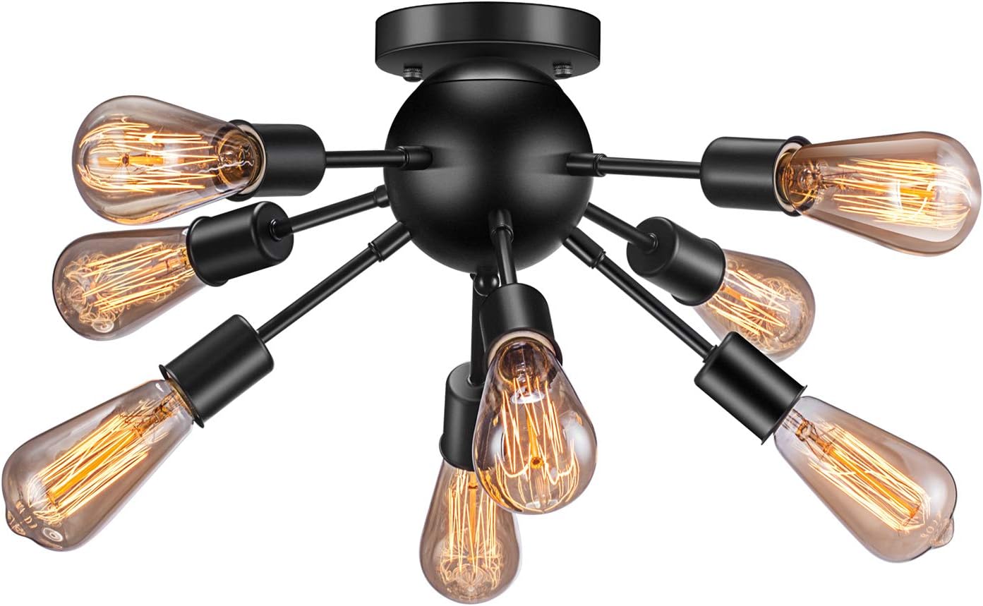 Elibbren Vintage Semi Flush Mount Ceiling Light with 8 UL Sockets, E26 Base Modern Antique Black Sputnik Industrial Ceiling Lamp Fixture for Kitchen Dining Room Bedroom Study Living Room