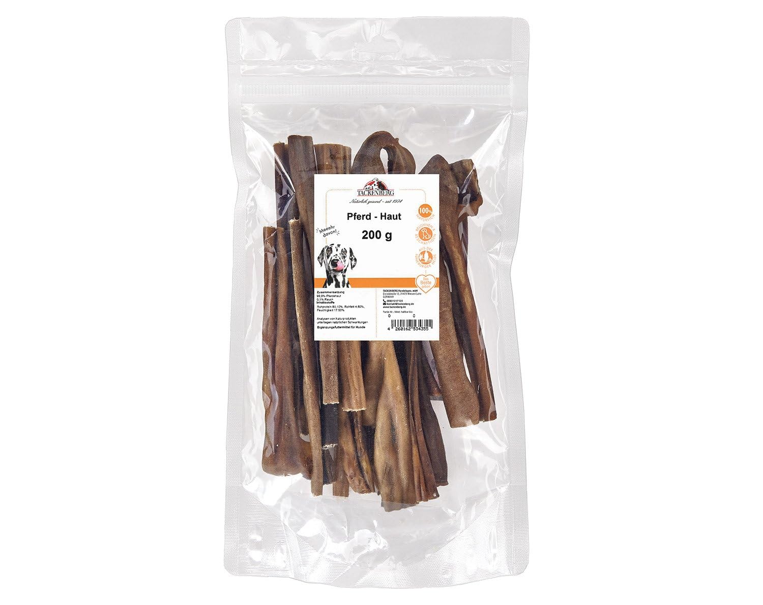 TACKENBERG 10 x 200 g Pferdehaut für Hunde - leckerer natürlicher Kausnack in Premiumqualität - schonend getrocknet - reines Naturprodukt zur Belohnung, als Snack oder Leckerli
