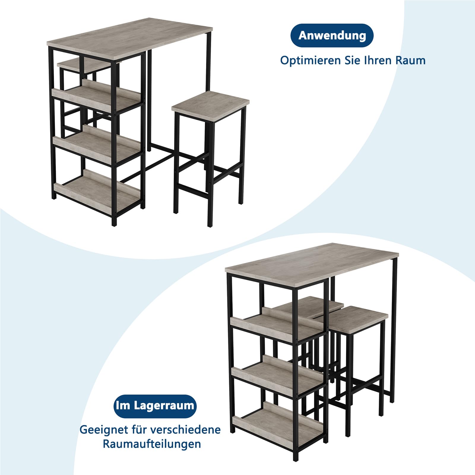 Litake 3-Piece Bar Table Set for 2, Bar Height Table with Stools & 2 Storage Shelves, Small Dining Table Set with Glass Rack, Small Kitchen Table for Dining Room, Living Room, Grey