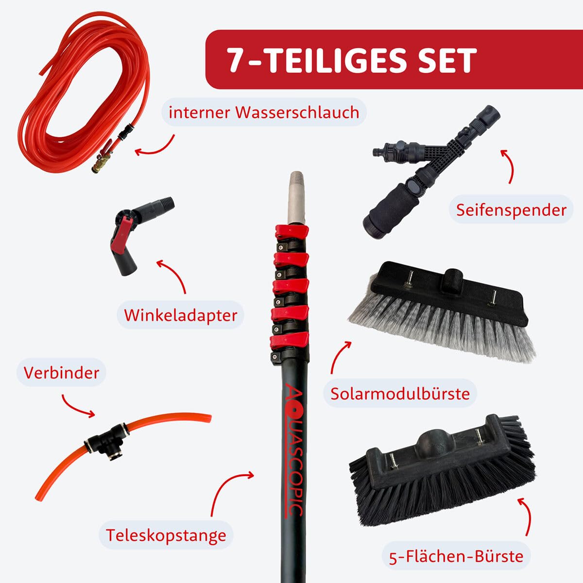 Aquascopic Aluminium Teleskopstange mit Solarpanel-Bürste & 5-Flächenbürste - Fensterputzer längenverstellbar - Bis zu 10m - Profi Fensterreiniger für Fenster, Fassaden & Solaranlagen