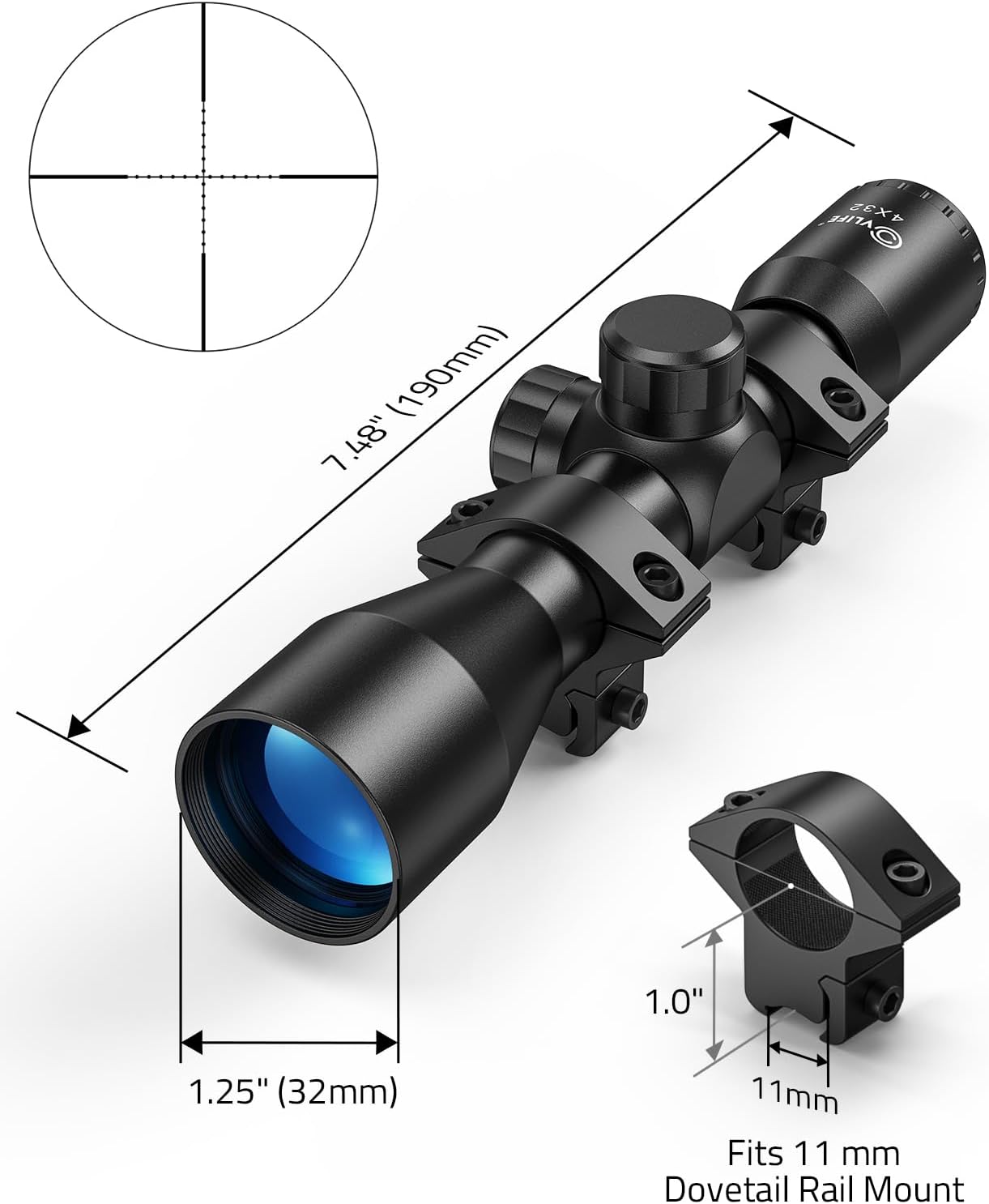 Dimensions of CVLIFE 4x32 Compact Rifle Scope
