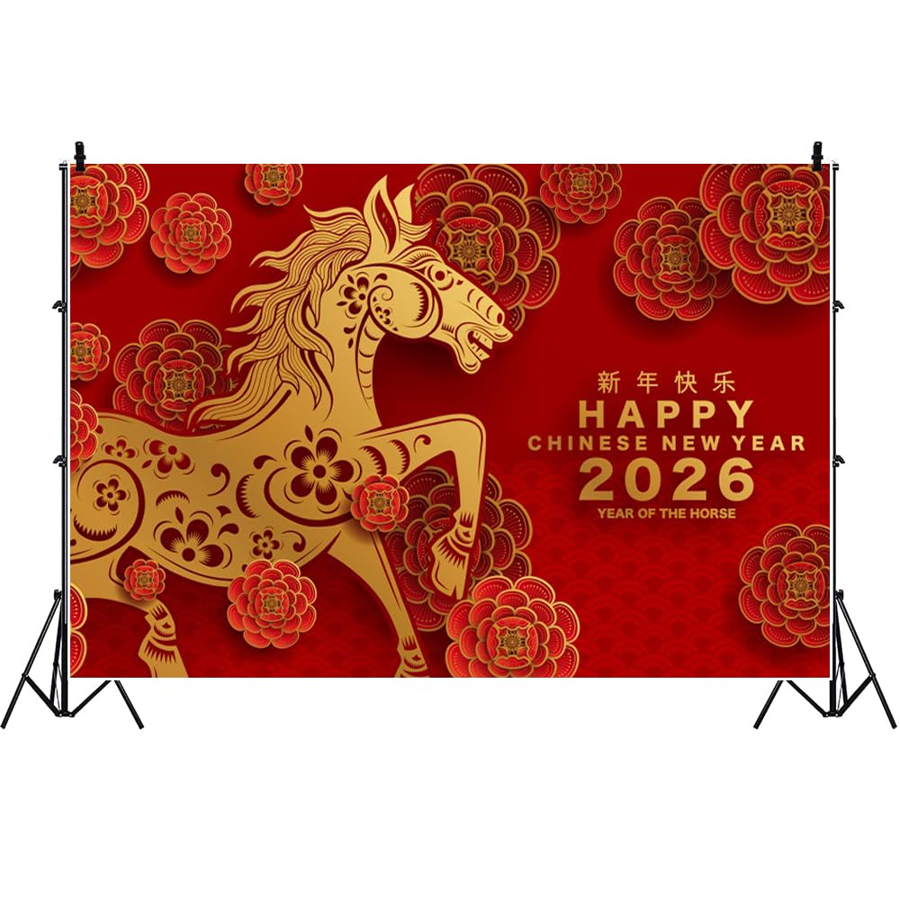 6x3m Neujahrshintergrund 2026 Mondkalender das Jahr des Pferdes chinesisches Frühlingsfest Fotografie-Hintergrund rote Blume Papierschnitt Evas Familienfeier Feier Banner
