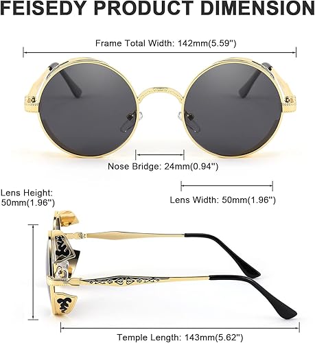 Miniatura 4 de FEISEDY Gafas de sol polarizadas retro steampunk con marco mental redondo, tonos góticos, diseño para hombres y mujeres B2820