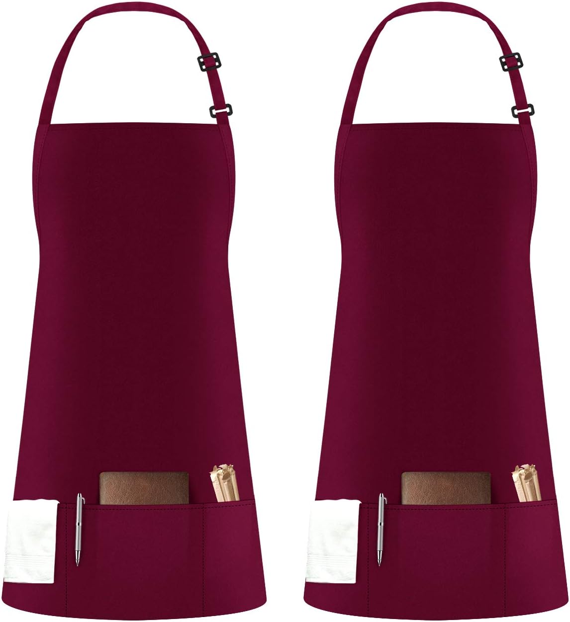 Syntus 2 Pack 3 Pockets Adjustable Bib Apron Thicker Version Waterproof with Extra Long Ties Cooking Kitchen Aprons for BBQ Drawing, Women Men,Chef, Wine Red
