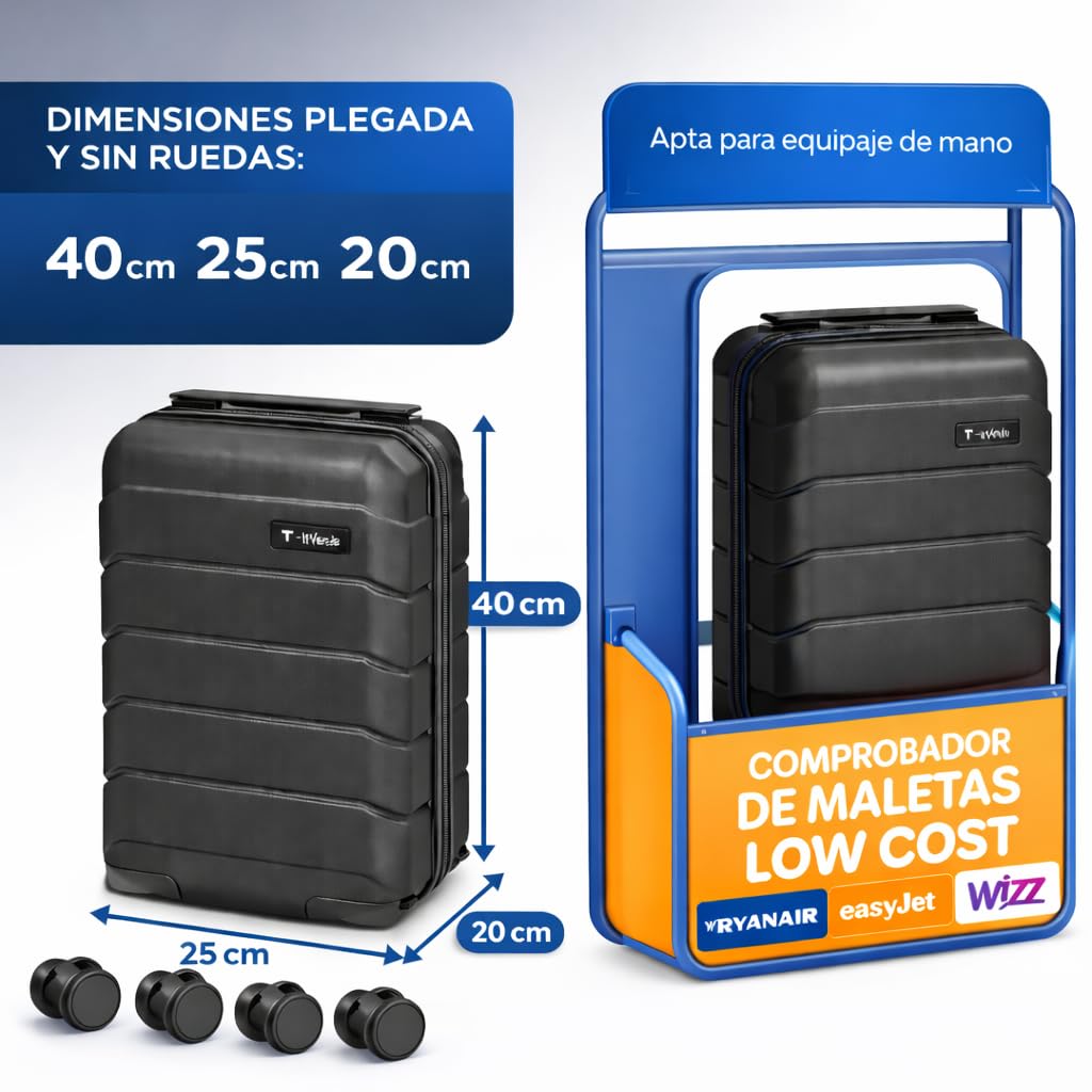 T-LOVENDO.ES Maleta de Viaje Cabina 40x25x20cm (20L) Upfly Underseat 16 XXS con Ruedas Desmontables. Maleta Cabina Ideal como Equipaje de Mano para Ryanair, Vueling o Easyjet, pequeña — view 3