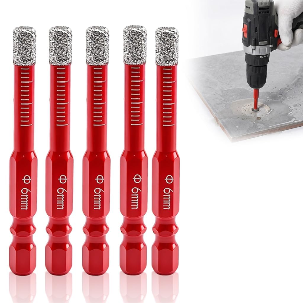 Porcelain Tile Drill Bits Set, 5PCS 6mm Dry Diamond Drill Bit with 1/4 Inch Hex Shank for Granite, Ceramic, Marble, Stone and Glass