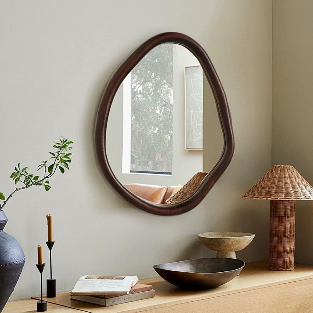 Rustykalne Lustro Ścienne z Drewnianą Ramą, Vintage Nieregularne Lustro Wiszące, Asymetryczne Lustro Dekoracyjne do Łazienki, Sypialni, Salonu, Przedpokoju(60x90cm(24x36inch))