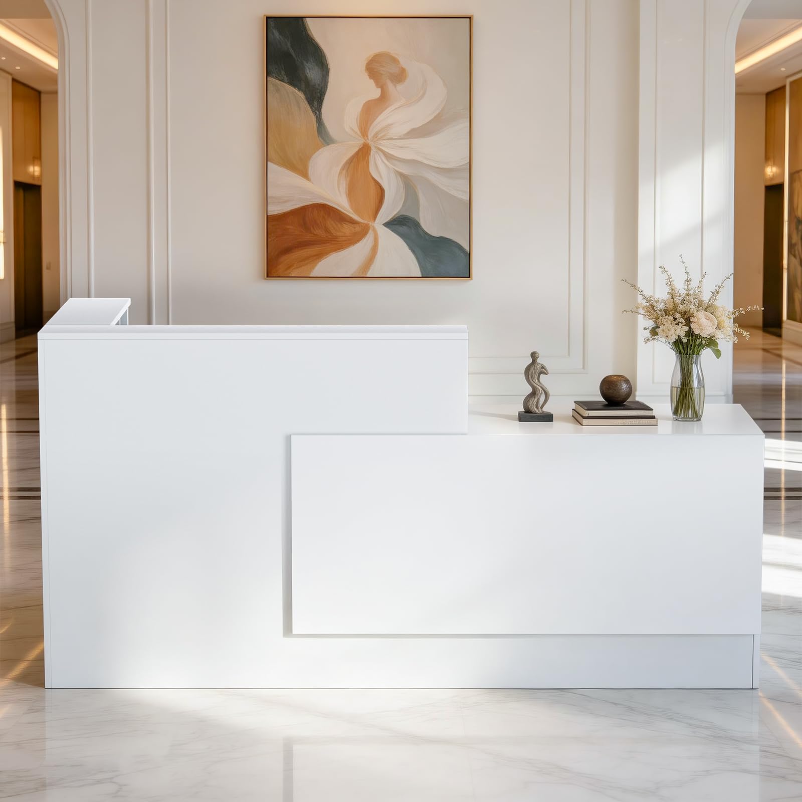 L-förmig Empfangstheke, 180CM x 107CM x 105CM Empfangstresen mit Ablagefächern & Schublade, Reception Desk für Büro, geeignet für Salons, Lobbys (Weiß, Linker Schrank)