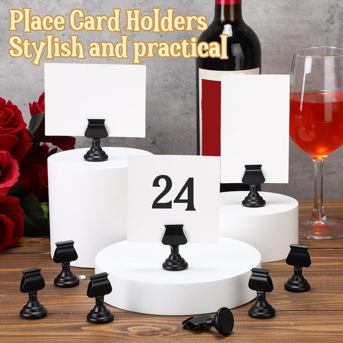 Porte-Cartes 24 Pièces Supports de Numéro de Table en Métal 1,7 Pouce Porte-Cartes Noirs en Vrac Supports de Panneau de Table en Clip Harpe
