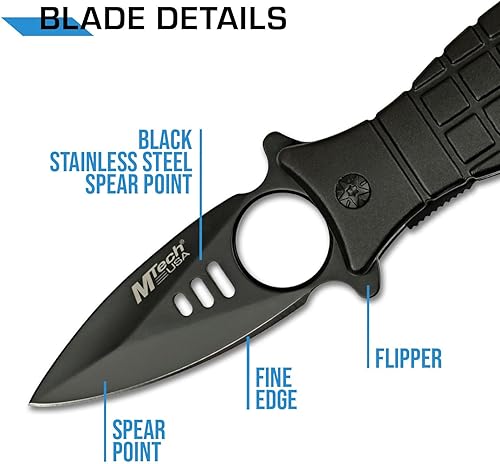 Miniatura 5 de MTECH USA Cuchillo plegable asistido por resorte - Hoja de acero inoxidable negro, mango estilo granada de aluminio negro con abrebotellas y clip de