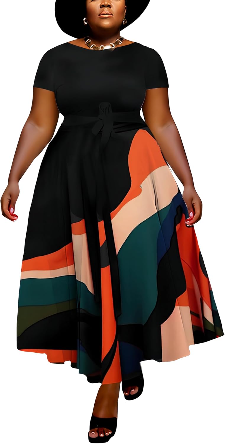 Hostoyo Women Plus Size Formal A Line Maxi Dress Self Tie Waist with Pockets Elegant Round Neck Swing Long Dresses