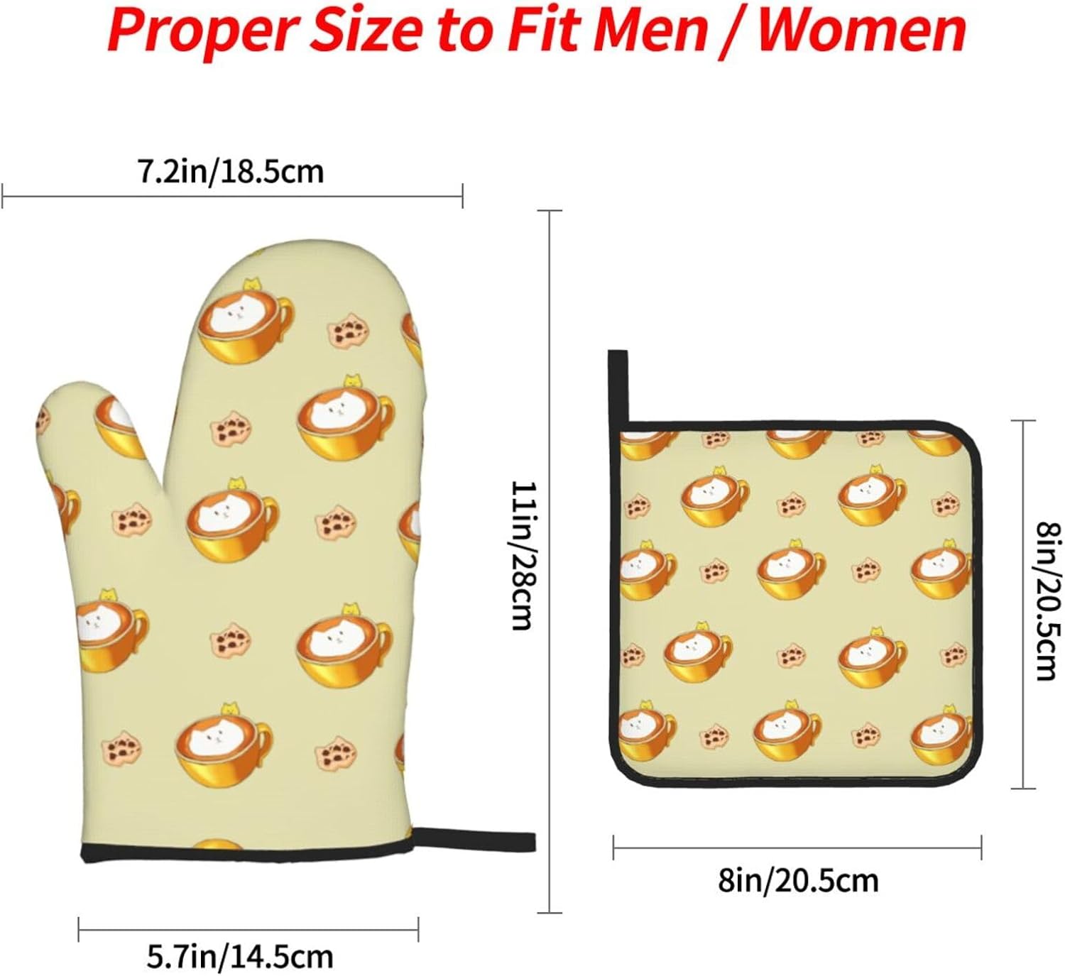Cartoon cat coffee Oven gloves and heat-resistant mat 4-piece set. Suitable for grilling, microwave oven frying, and baking