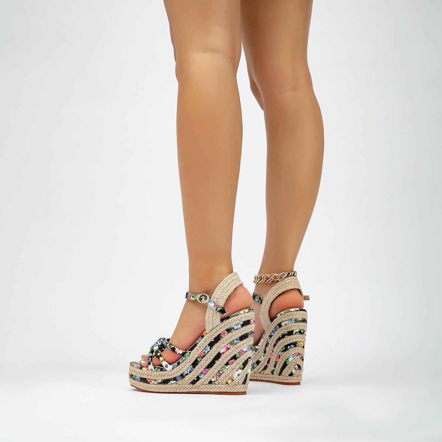 getmorebeauty Women's Espadrille Wedge Sandals Flower Pattern Ankle Strap Open Toe Platform High Heel Sandals Dress Shoes - Image 3