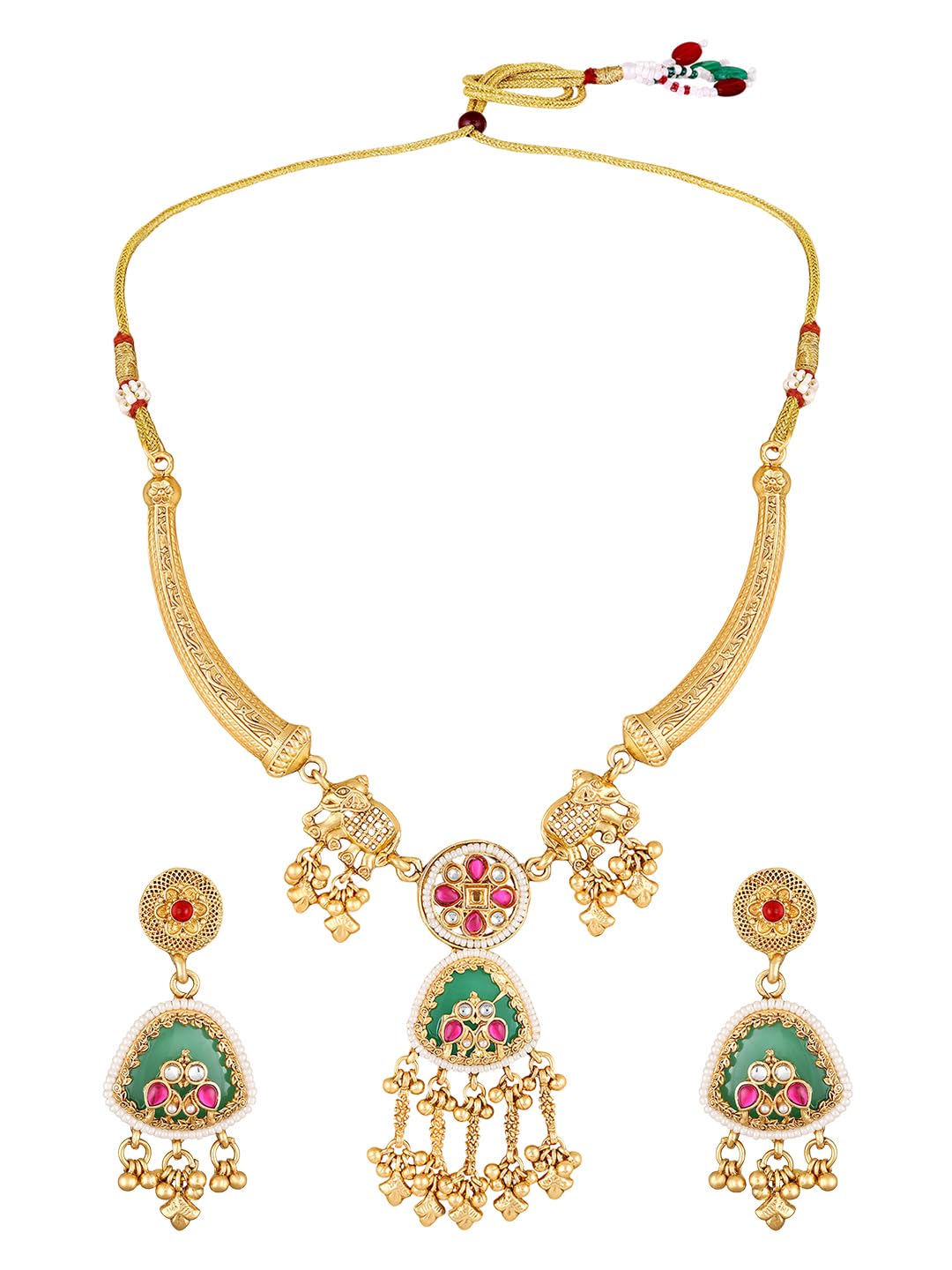 Jewellery Kashmiri Necklace Set - Heritage Rajwadi Hasli Jewellery Set - Elephant & Ghungroo Design - For Women & Girls Stylish Latest-image-2