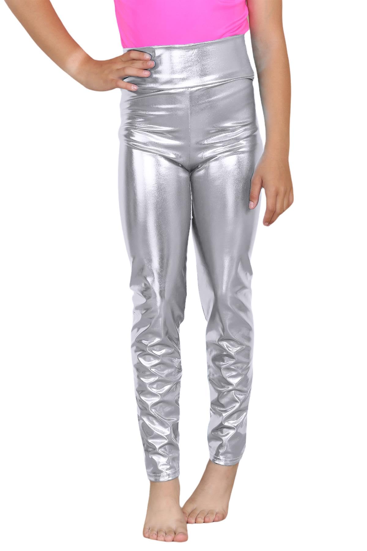 Hamishkane Girls Metallic High Waist Leggings Kids Plain Wet Look Shiny Sports Dance Party Pants Grey