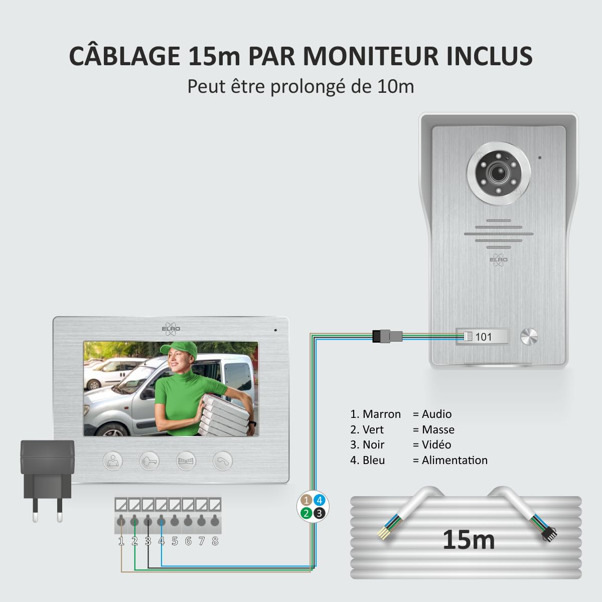 ELRO DV4000 Interphone Vidéo │ Caméra 1080P Full HD avec Vision Nocturne │ Câble à 4 Fils │ 16 Sonneries