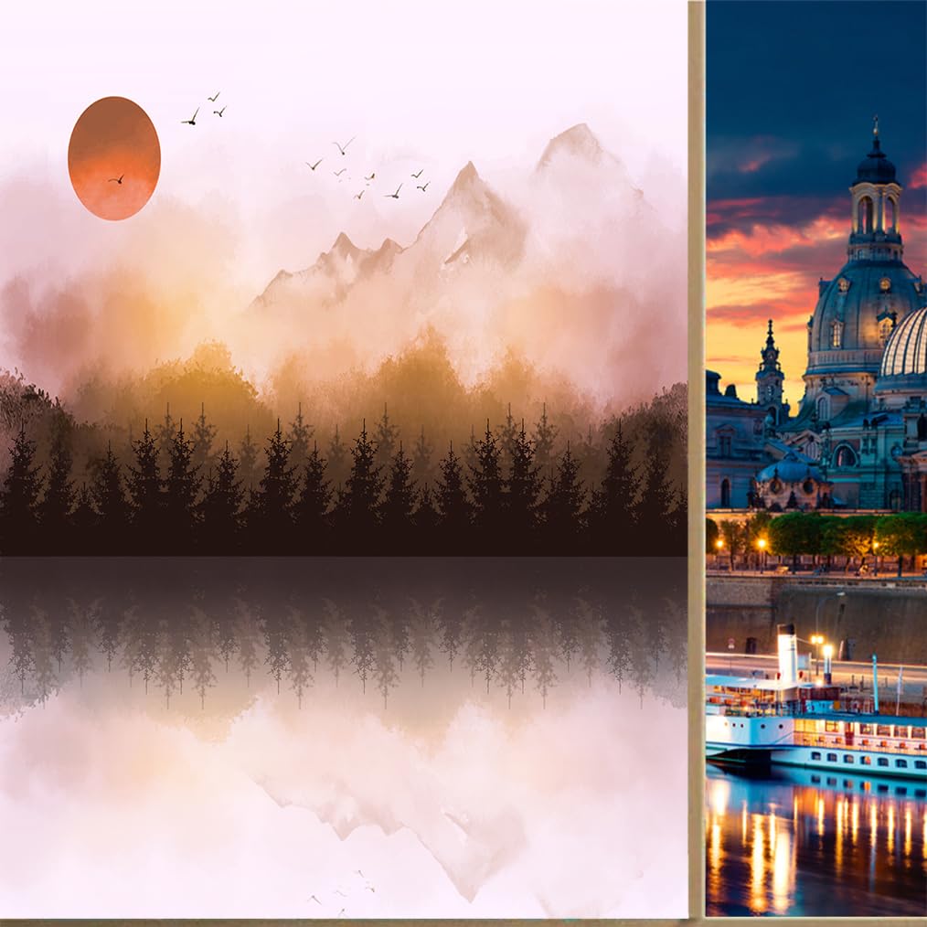 COALHO Retro Misty Mountain UV Blocking Window Film Watercolor Misty Forest Sunset Lake Birds Tree Window Protection Static Decorative Window Stickers,60W x90L(CM) x1Pcs