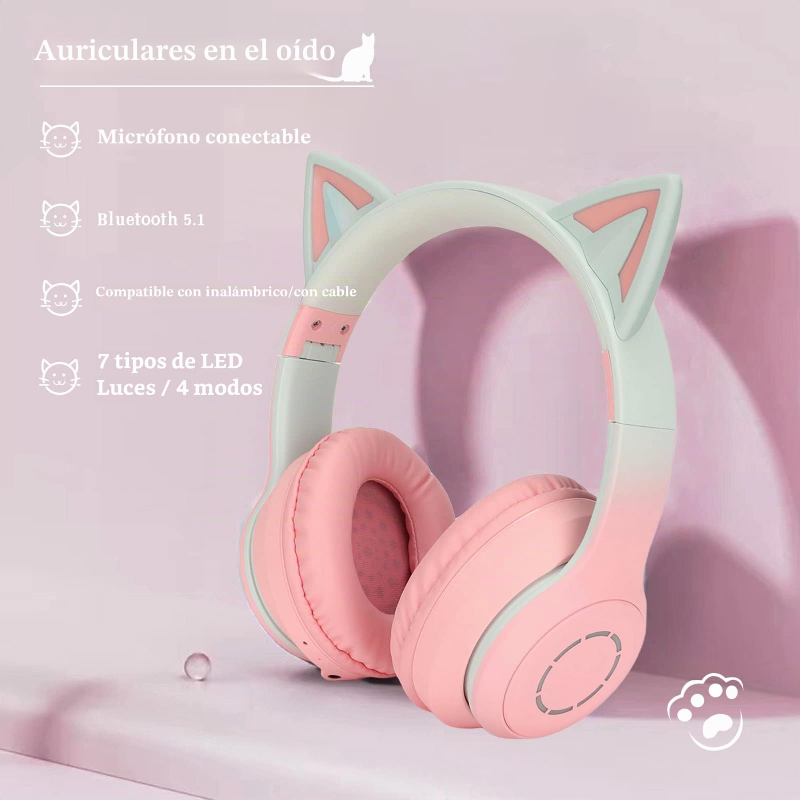 Gugxiom Auriculares Cat Ear, Auriculares Inalámbricos para Juegos A Través De Bluetooth 5.1/3.5mm AUX Cable, Auriculares Plegables con Luces LED De 7 Colores Y 4 Modos LED para Niñas, Adultos(Rosado)