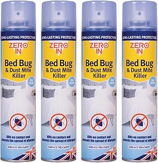 Zero In Bed Bug & Dust Mite Killer - 300ml Aerosol. Ready-To-Use. Prevents Allergies, Long-Lasting Protection for Over 2 weeks Treats Mattresses, Beds and Furniture, Pack of 4