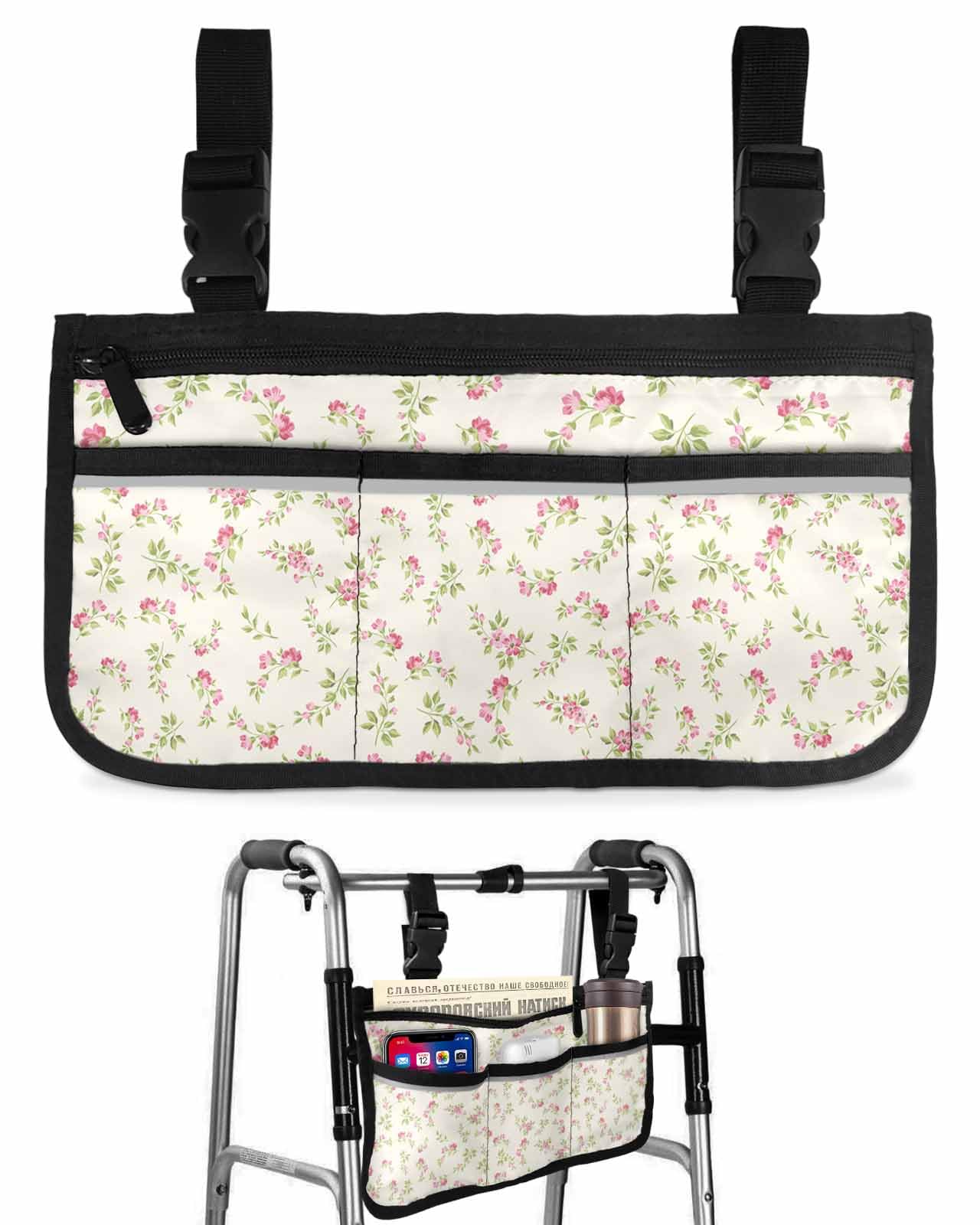 Anzona Beige Floral Wheelchair Side Bag Walker Bag, Farmhouse Vintage Botanical Flowers Wheelchair Accessories Armrest Pouch, Organizer Storage Bag for Walkers, Rollators, Scooters, 7.3''x13''