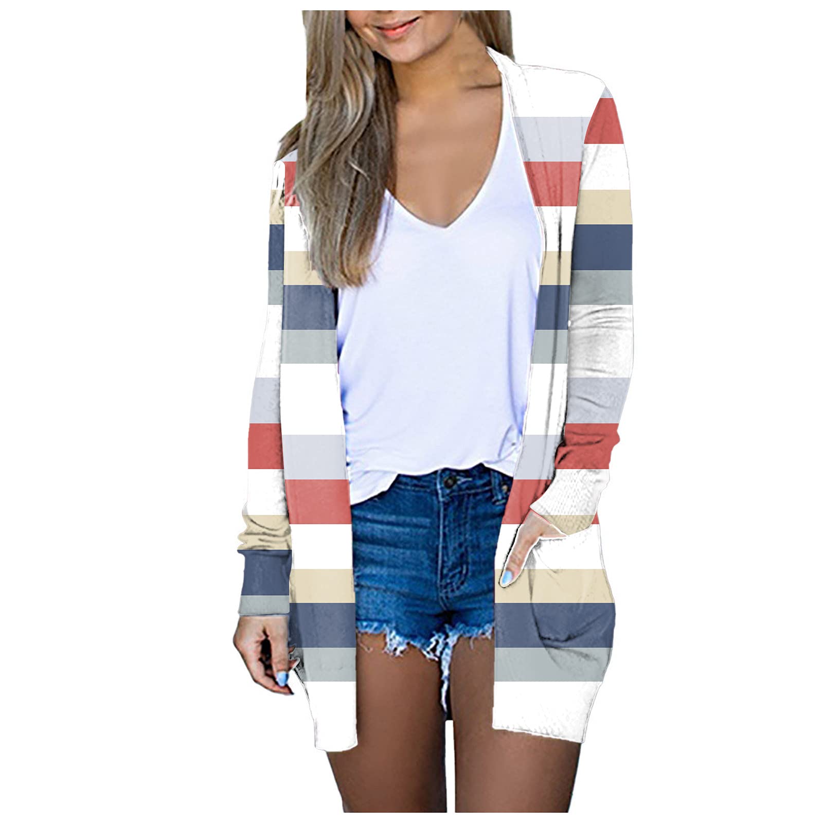 Womens Stripe Print Kimono Cardigans Open Front Long Sleeve Kimono Cover Lightweight Comfy Coat with Pockets