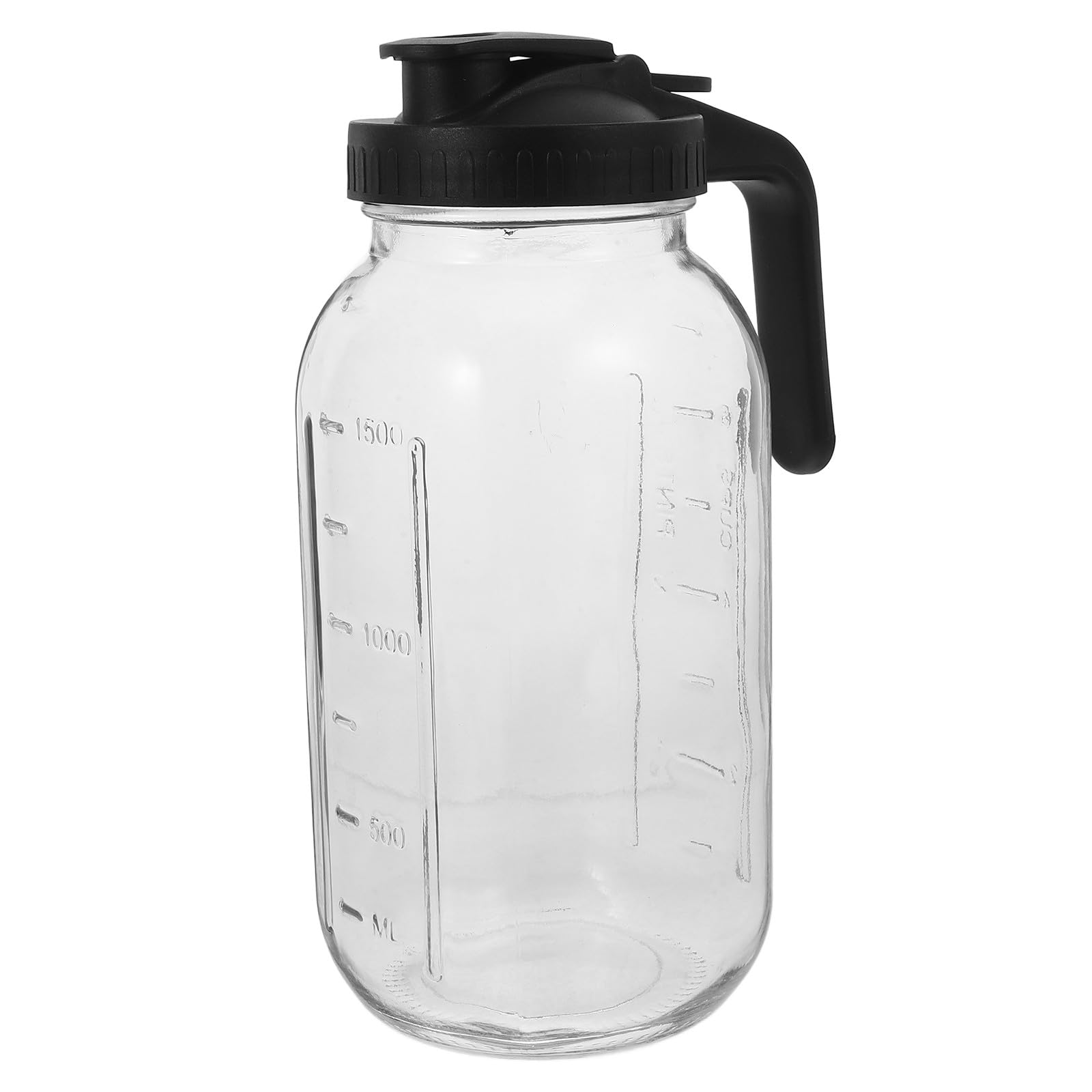 Jarra de Vidrio para Jugo y Agua 1,9l con Tapa y Asa Negra, Recipiente Medidor para Bebidas Frías, Jarra para Nevera y Suministro de Restaurantes