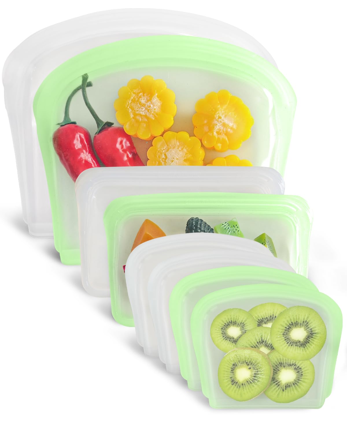 Bolsa de almacenamiento de silicona reutilizable, paquete de 8 bolsillos de silicona, bolsas de aperitivos y sándwich, bolsas de silicona duraderas para almacenamiento de alimentos,