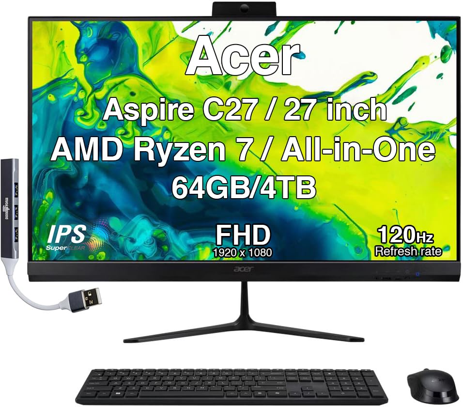 Image of Acer Aspire 27 All-in-One Desktop, 27 inch IPS FHD Display, AMD Ryzen 7 5825U (Ryzen 7 5000 Series), 64GB DDR4, 4TB SSD, Wi-Fi 6E, Webcam, Bluetooth 5.3, Windows 11 Home, with DKZ USB Port Expander