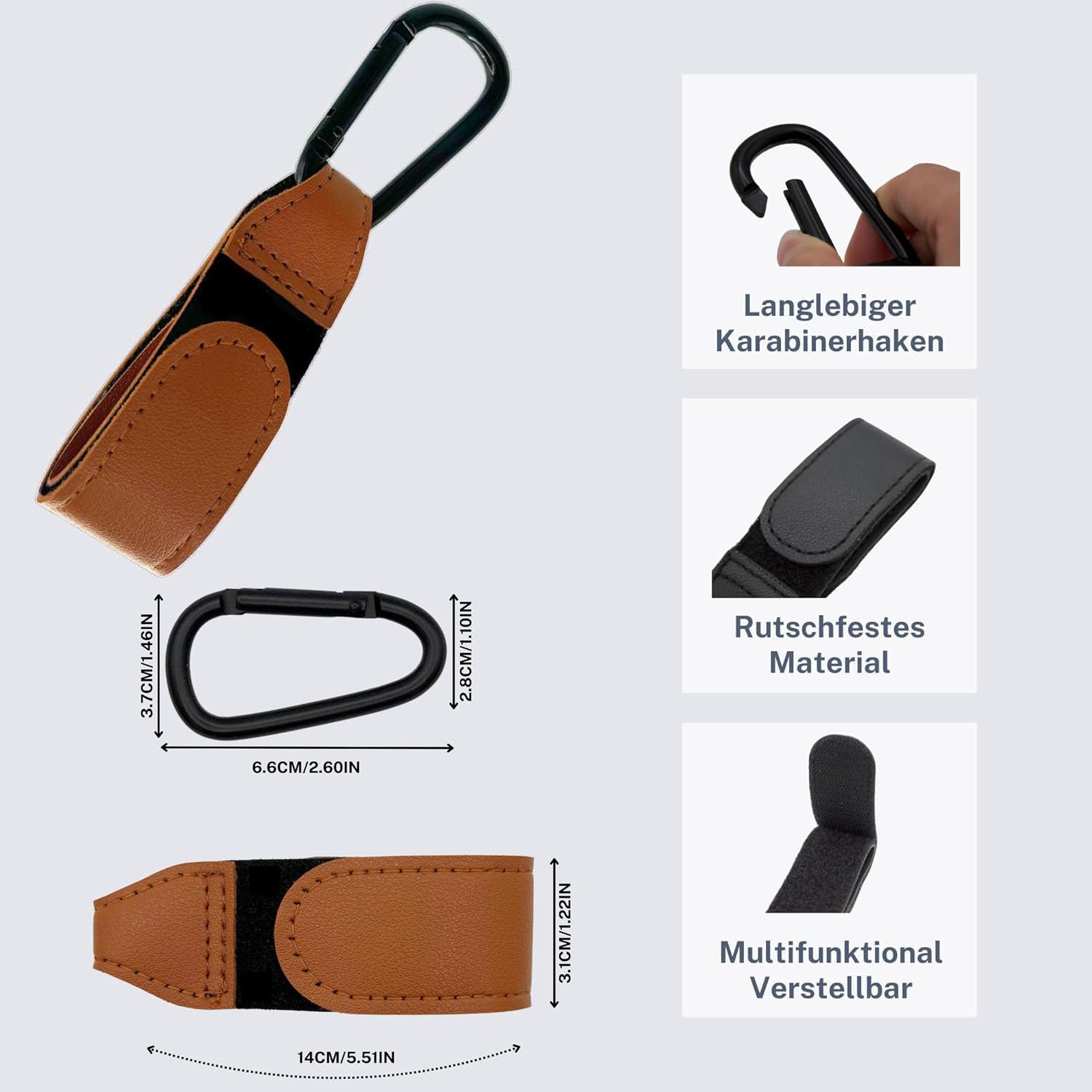 Shabany Gancio universale per passeggino, 2 pezzi, misura universale, gancio per passeggino, gancio da tasca, regolabile, robusto, con chiusura in , colore: marrone