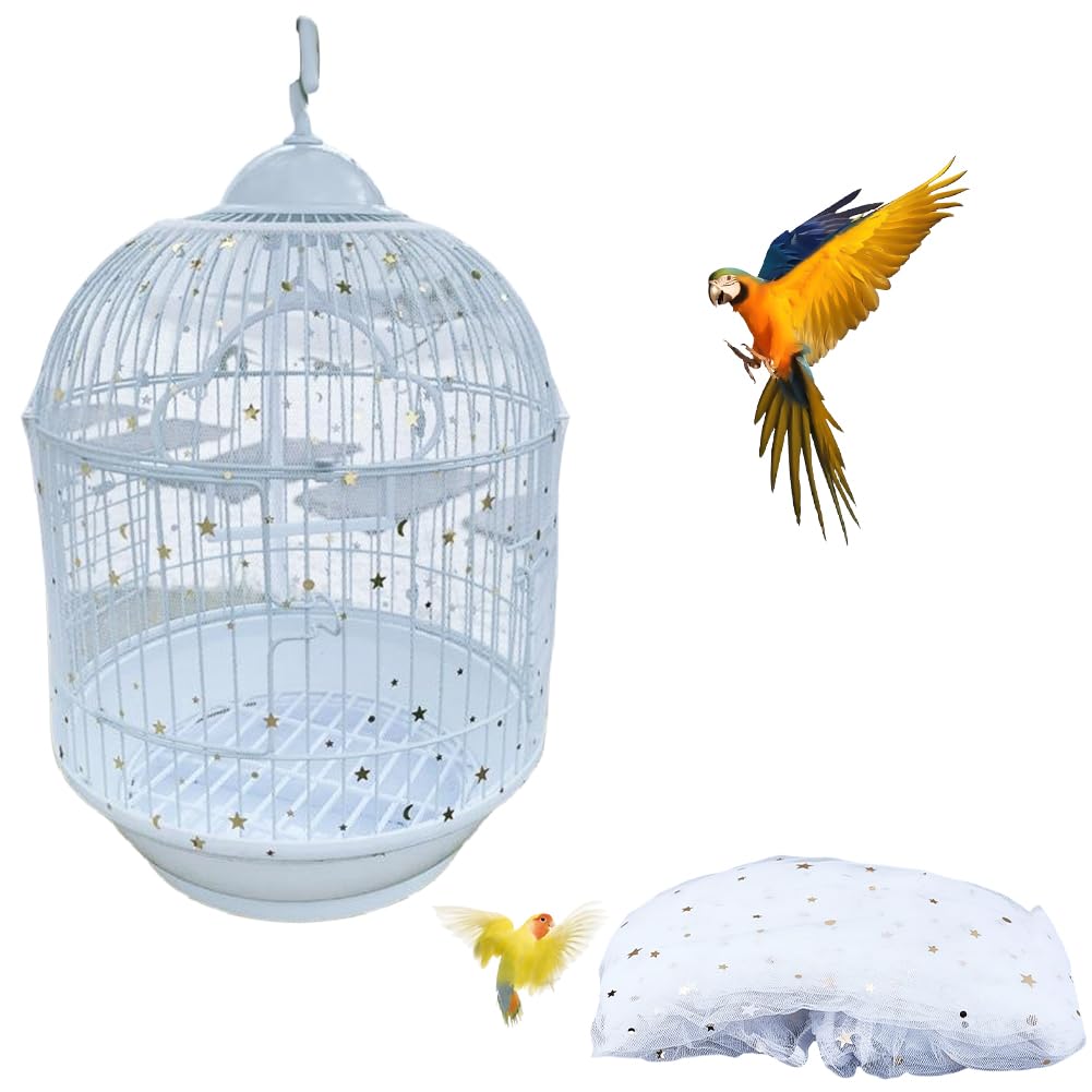 GORGECRAFT Large Birdcage Mesh Covers 150-220cm x 40cm Adjustable White Birds Cages Net Skirt with Golden Moon Star Dot Sequins Cages Enclosures Mesh for Parrot Parakeet Macaw Birdcage Accessories