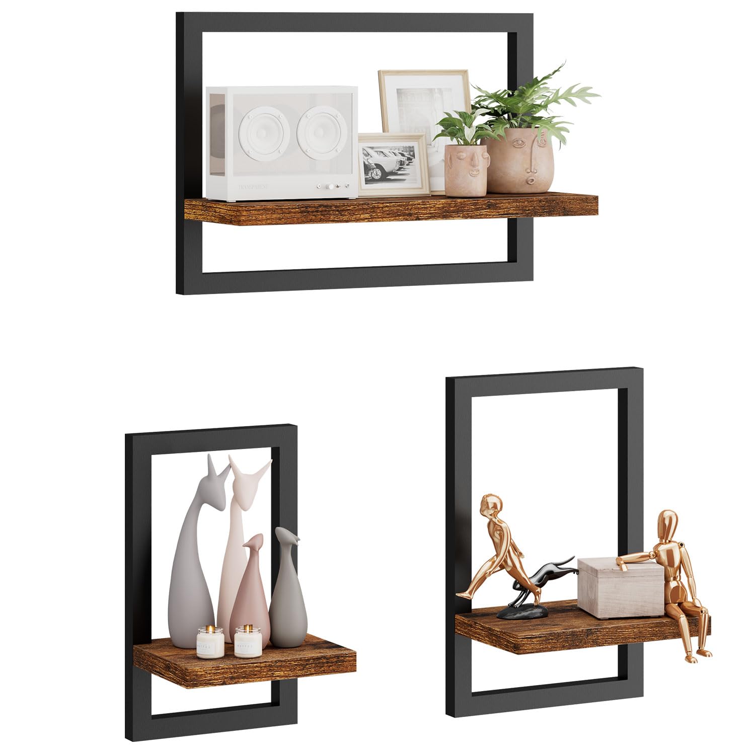 IBUYKE Floating Shelf Wall,Set of 3 Wall Shelves,Hanging Shelves for Wall Storage,Display Racks,Square Bookcase for Living Room, Office, Bedroom, Bathroom, Kitchen,Brown TFS001H