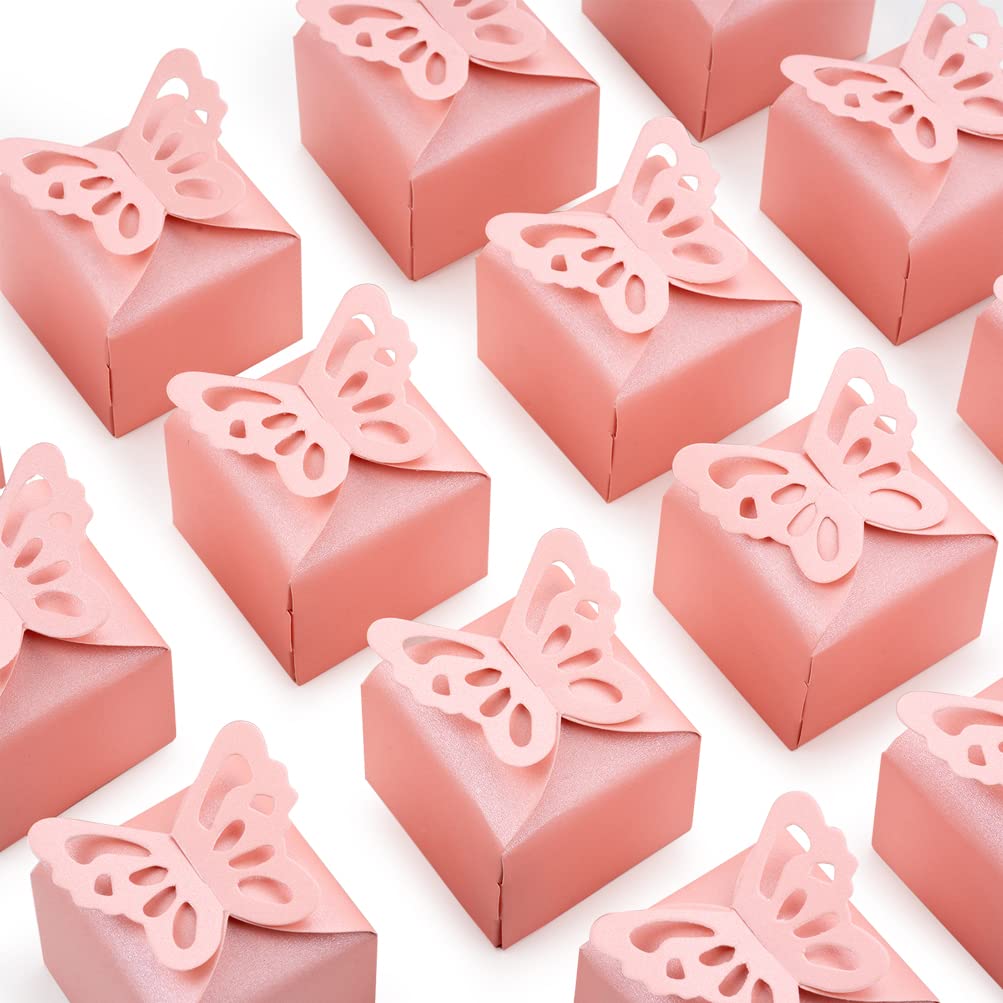 Pink Small Gift Candy Favor Box Bulk 2.3x2.3x1.7 inches with Butterfly Bow Party Favor Box for Mother's Day Bridal Shower,Pack of 50
