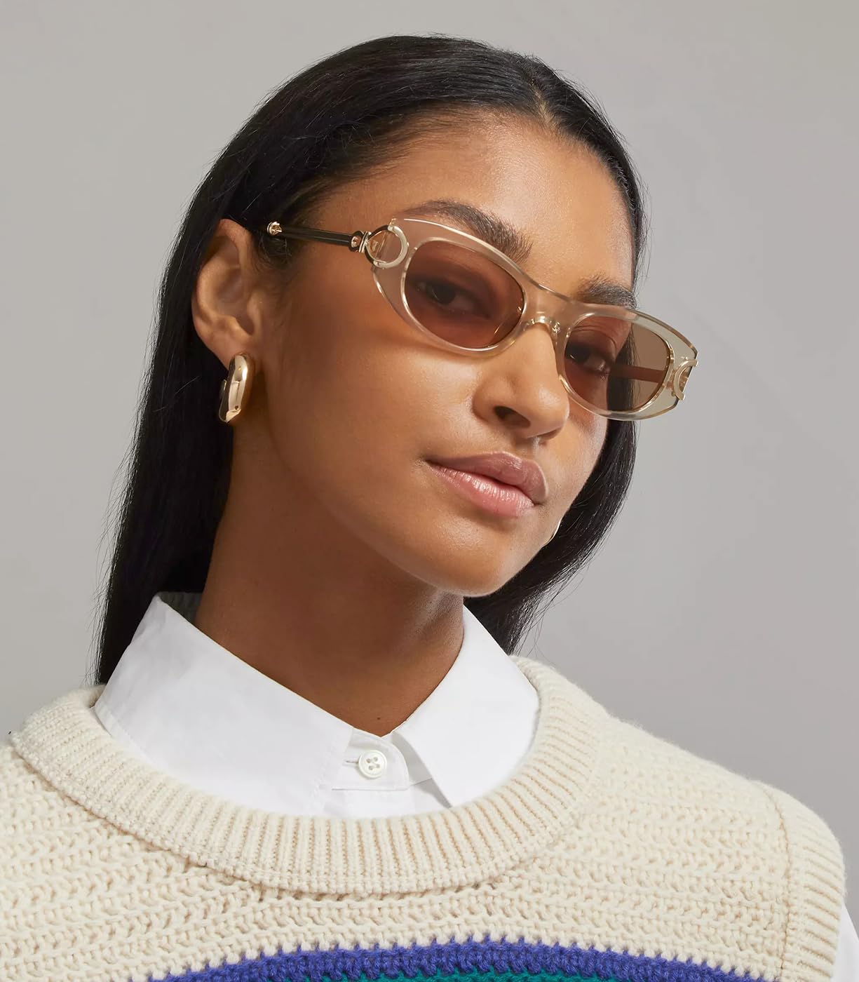 AIEYEZO Fashion Oval Sunglasses for Women Trendy Retro Oval Frame Sun Glasses Metal Designer Shades (Clear Brown)