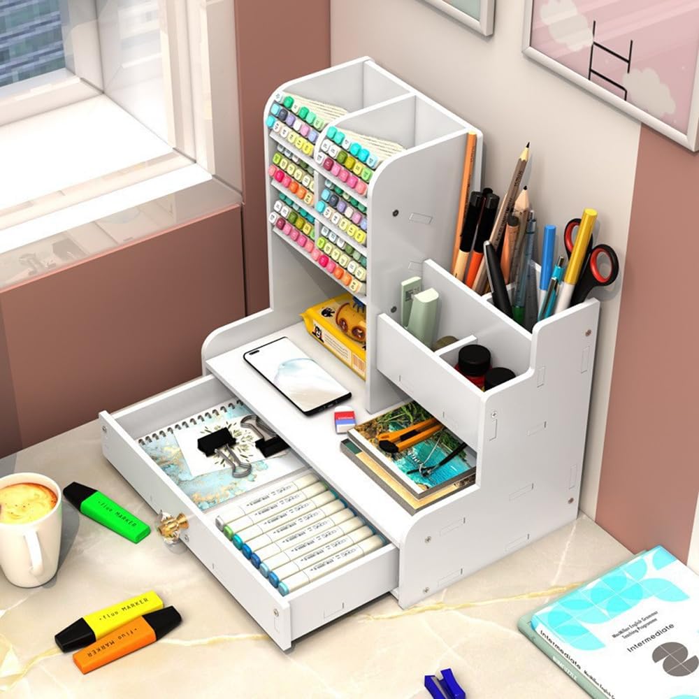 Schreibtisch-Organizer mit Schublade – weißer Stifthalter & Kunstbedarfs-Caddy, Schreibtisch-Organizer für Büro, Schule, Bastelaufbewahrung, DIY-Organizer für Zubehör