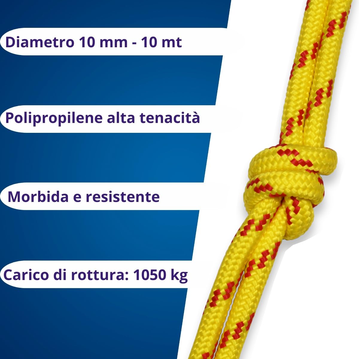 006006282 Treccia corit gialla, 10 mm - 10 mt, Corda intrecciata multiuso resistente ai raggi U.V. e all'abrasione, per attività all'aperto, giardino, mare, guinzagli e fai da te, rottura 1.050 kg