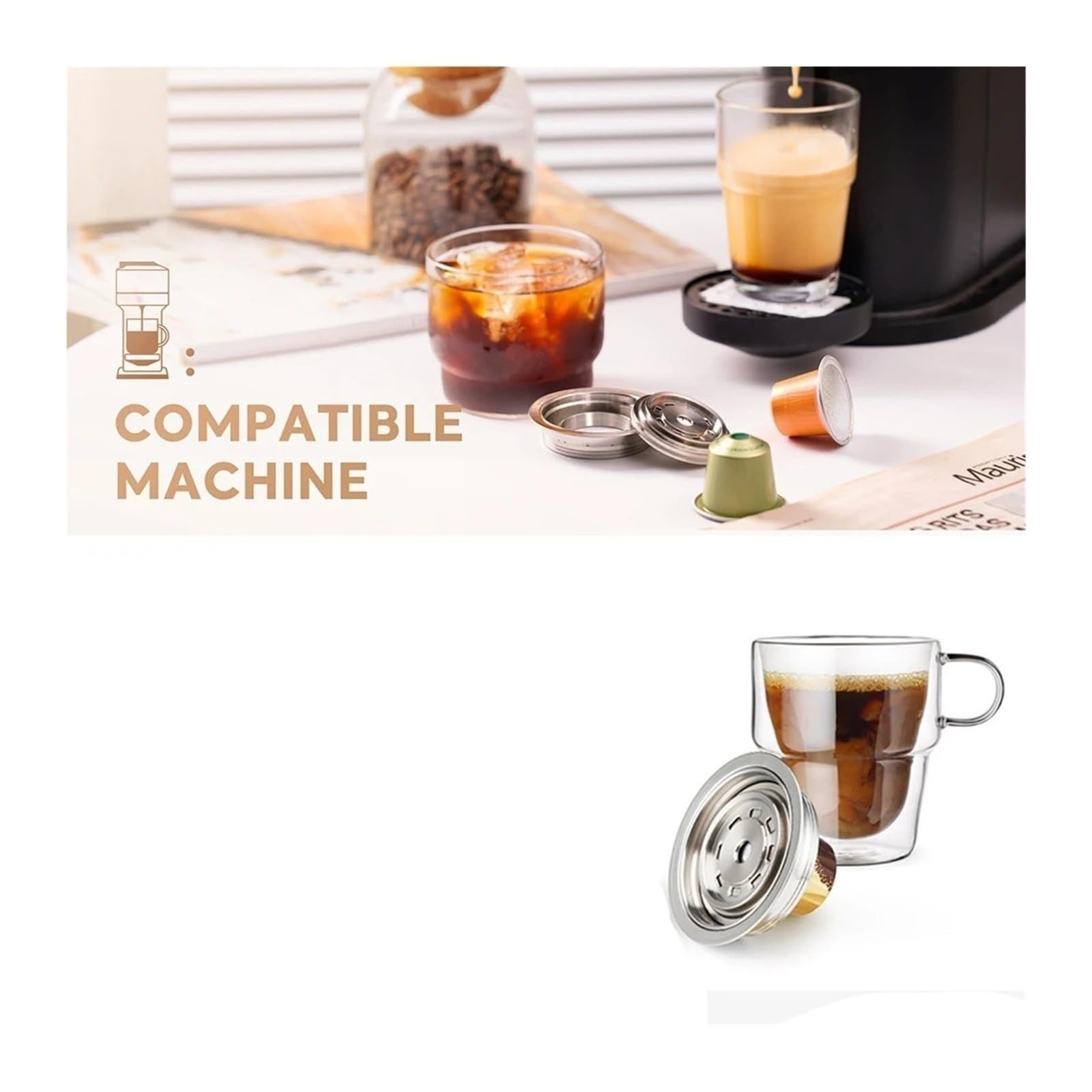 Convertidor De Adaptador De Acero Inoxidable De Cápsula De Café Reutilizable | Compatible Con ICafilas ,Compatible Con Nespresso Vertuo Vertuo Next Pop Machine Capsule Insert Inserto De Cápsula(40ml-80ml)