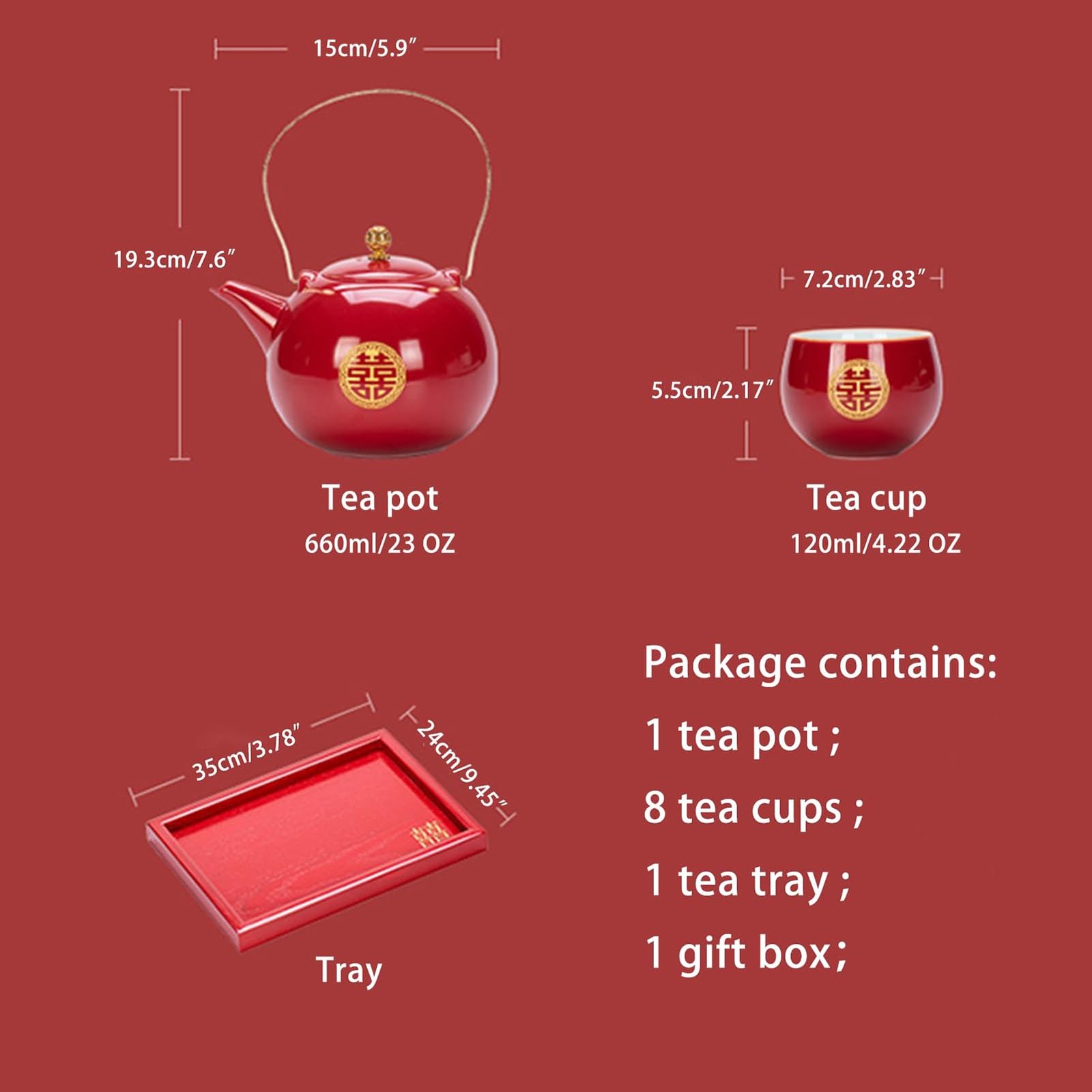 Chiński zestaw do herbaty ślubnej Double Happiness, porcelanowy dzbanek do herbaty z 8 filiżankami, tradycyjna czerwona dekoracja ślubna prezent dla przyjaciół i rodziny