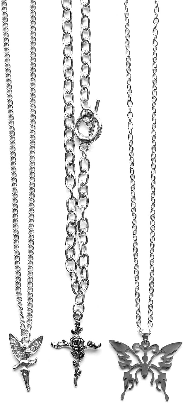 9 Pcs Grunge Necklace Set Goth Cross Fairy Thorns Gothic Angel Heart Feather Chain Choker Necklace for Women Teen Girls