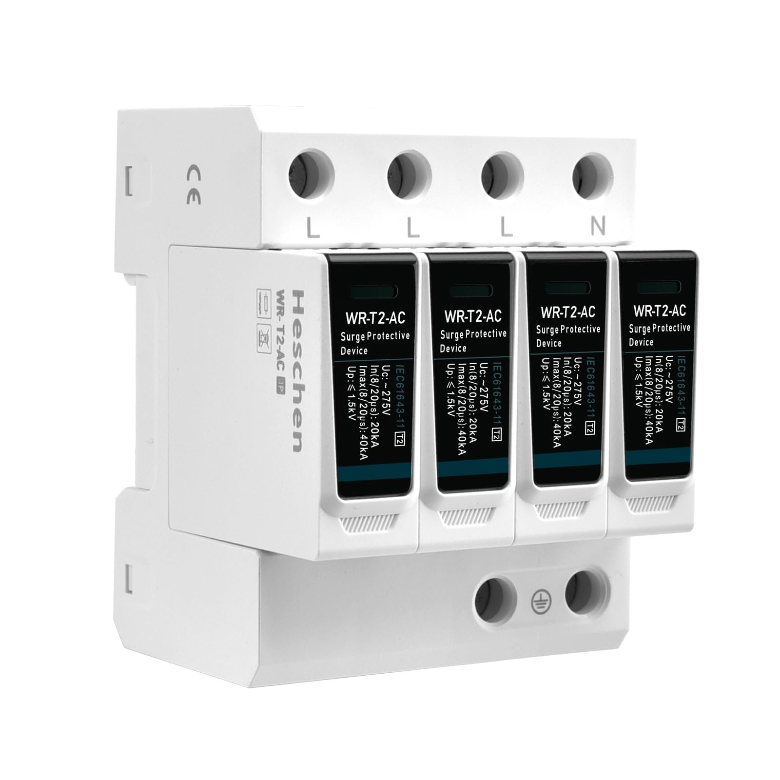 Heschen Dispositivo di protezione contro le sovratensioni SPD, WR-T2-AC, 4P 275V 20kA, tipo T2, ignifugo, dispositivo di parafulmine a bassa tensione, montaggio su guida DIN da 35mm