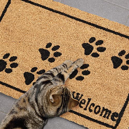 Relaxdays Fußmatte Welcome mit Pfoten, Kokos, 60 x 40 cm, Fußabtreter innen & außen, rutschfeste Türmatte, Natur/schwarz